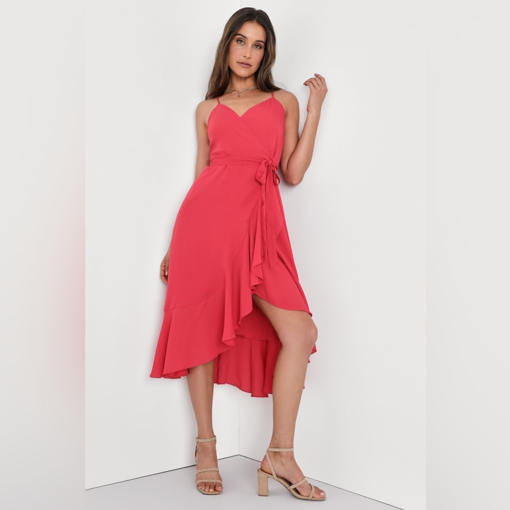 Lulu’s Manhattan Moment Berry Pink Ruffled Midi Wrap Dress in Red , XS S L - Picture 3 of 5